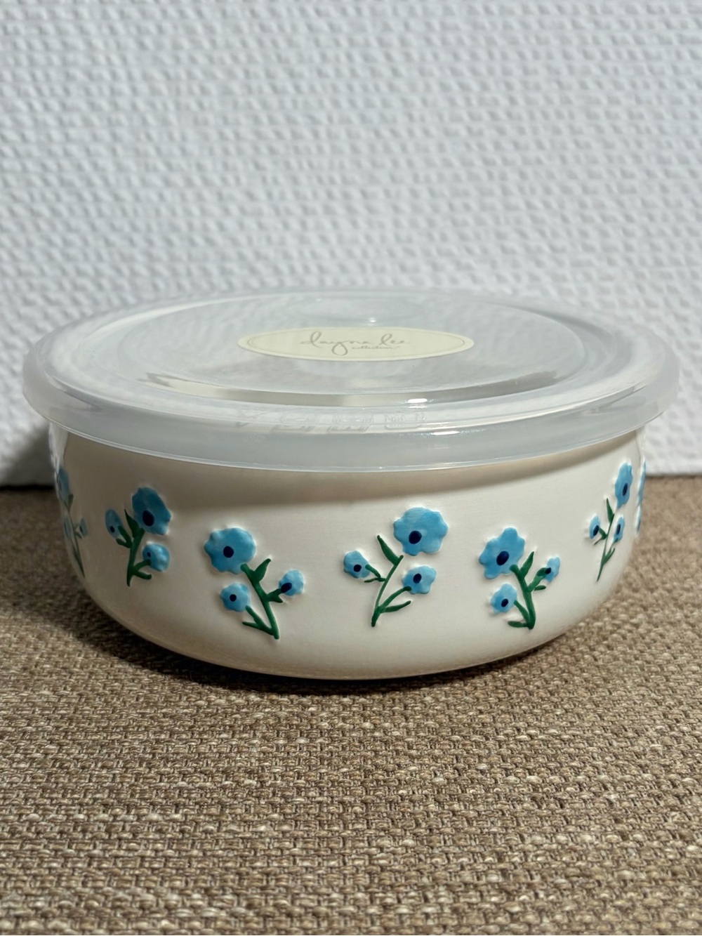Ceramic Bowl with Venting Lid - Blue & Navy Floral Motif Textured Flower Design